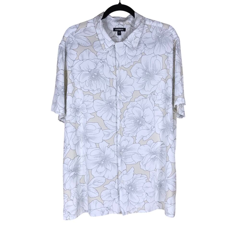 Express Shirt Men’s XL Gray Beige Floral Botanical Short Sleeve Button Up Beach